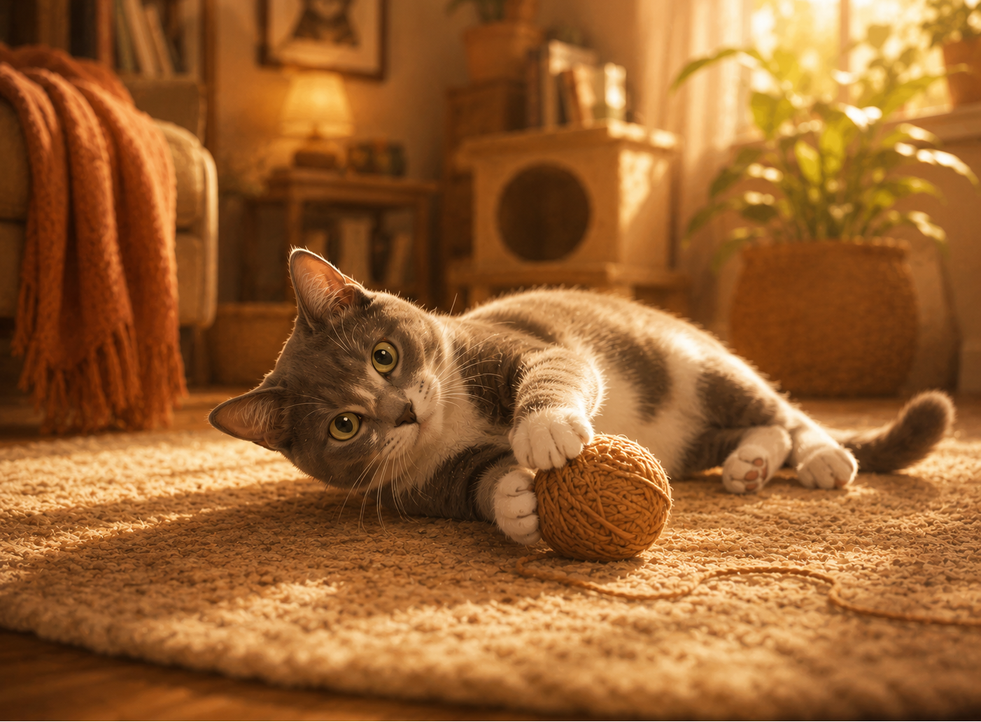 Cat playing with a ball of yarn on a warm-toned rug in a cozy living room.
